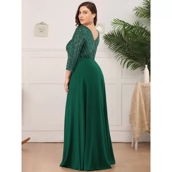 EverPretty Womens Plus Size VNeck Sparkle Evening Dresses with Long Sleeves 0751PZDark Green