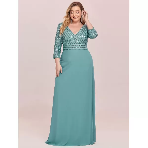 EverPretty Womens Plus Size VNeck Sparkle Evening Dresses with Long Sleeves 0751PZDemin Blue