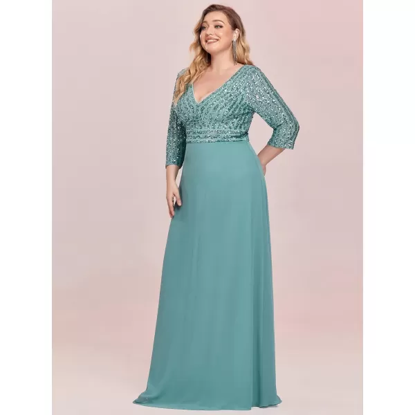 EverPretty Womens Plus Size VNeck Sparkle Evening Dresses with Long Sleeves 0751PZDemin Blue