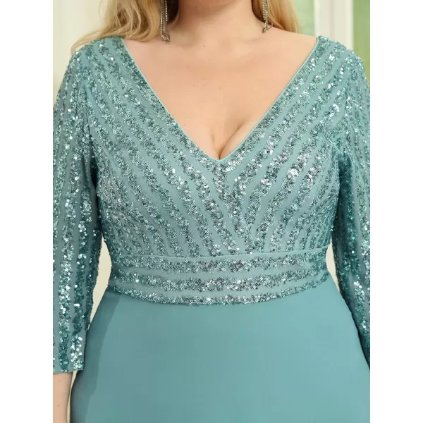 EverPretty Womens Plus Size VNeck Sparkle Evening Dresses with Long Sleeves 0751PZDemin Blue