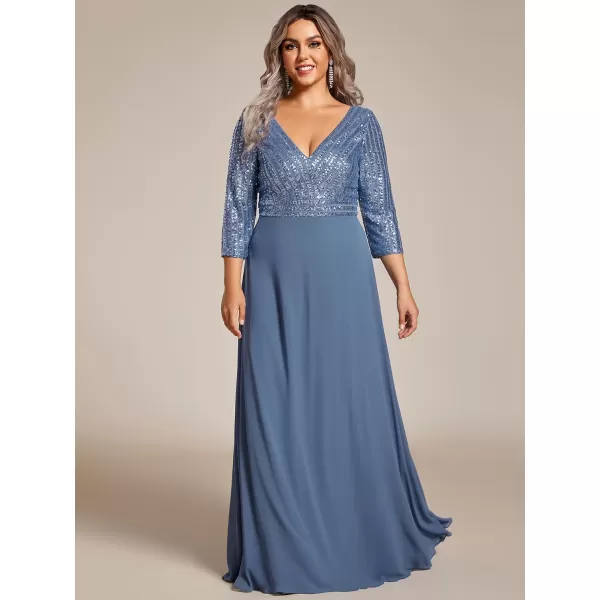 EverPretty Womens Plus Size VNeck Sparkle Evening Dresses with Long Sleeves 0751PZDusty Navy