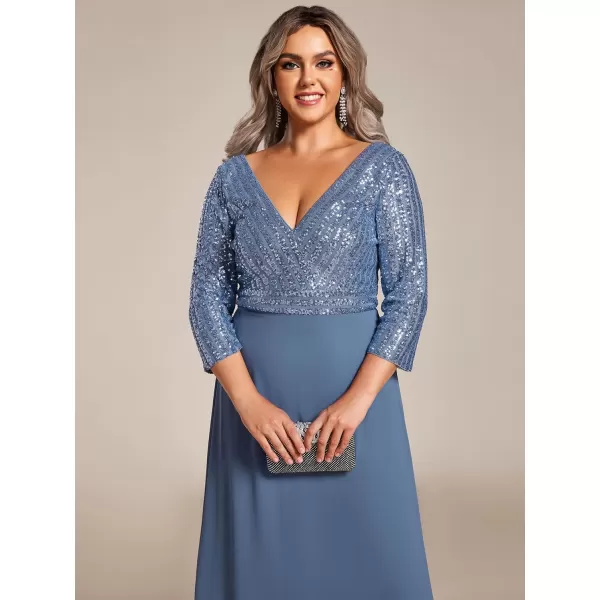 EverPretty Womens Plus Size VNeck Sparkle Evening Dresses with Long Sleeves 0751PZDusty Navy