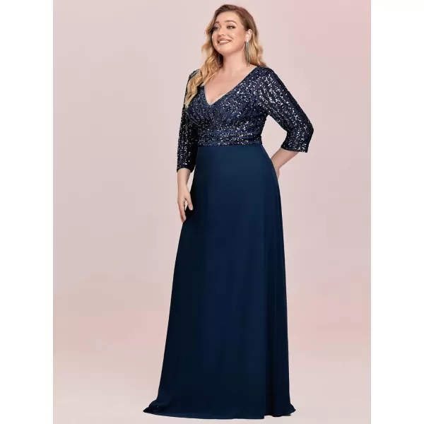 EverPretty Womens Plus Size VNeck Sparkle Evening Dresses with Long Sleeves 0751PZNavy Blue