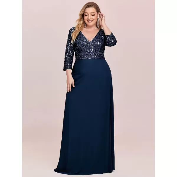 EverPretty Womens Plus Size VNeck Sparkle Evening Dresses with Long Sleeves 0751PZNavy Blue