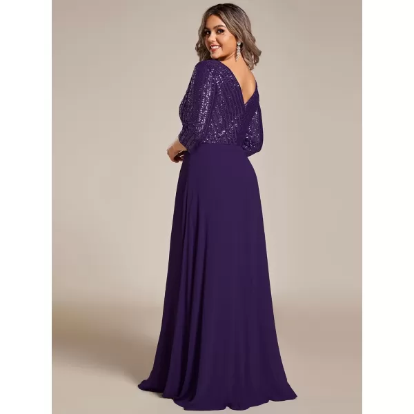 EverPretty Womens Plus Size VNeck Sparkle Sequins Chiffon Long Sleeves Formal Dresses 0751PZDeep Purple