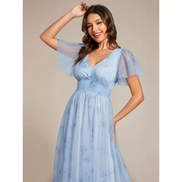 EverPretty Womens Printing Tulle V Neck Elastic Waist Short Ruffles Sleeves Summer Maxi Formal Dress 02151Ice Blue