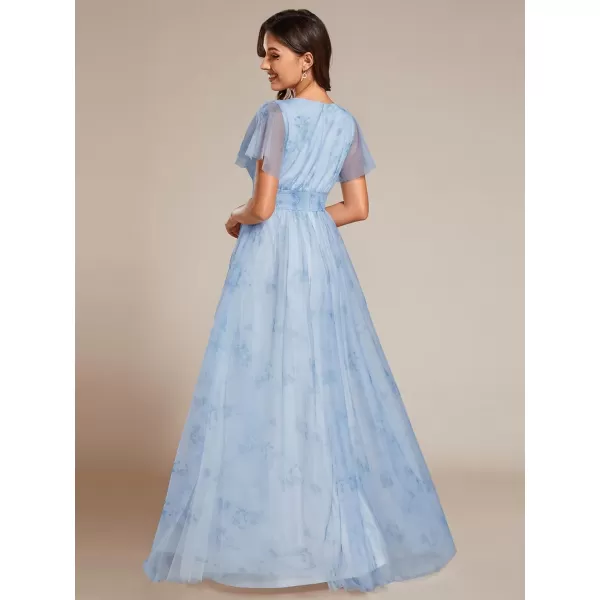 EverPretty Womens Printing Tulle V Neck Elastic Waist Short Ruffles Sleeves Summer Maxi Formal Dress 02151Ice Blue