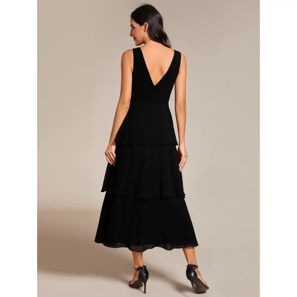 EverPretty Womens Prom Dress A Line V Neck Sleeveless Tiered Layered Midi Wedding Guest Dress 02110Black