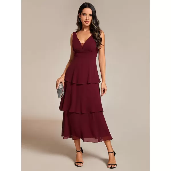 EverPretty Womens Prom Dress A Line V Neck Sleeveless Tiered Layered Midi Wedding Guest Dress 02110Burgundy