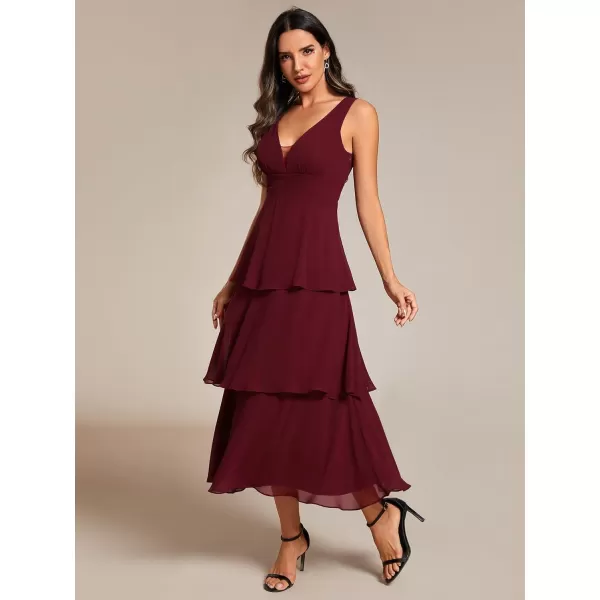 EverPretty Womens Prom Dress A Line V Neck Sleeveless Tiered Layered Midi Wedding Guest Dress 02110Burgundy