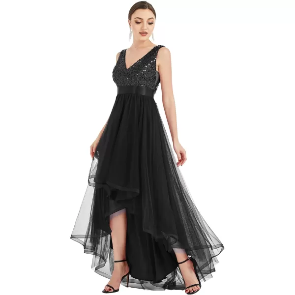 EverPretty Womens Prom Dress Double VNeck Sleeveless Empire Waist Sequin High Low Tulle Formal Dress 0147ABlack