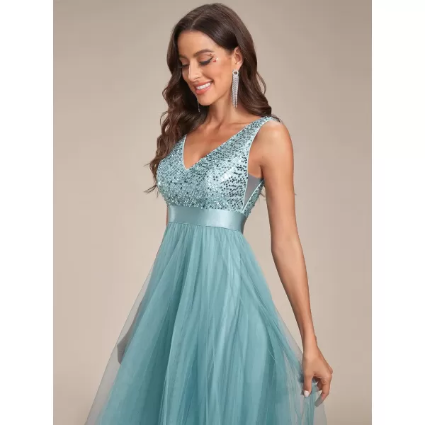 EverPretty Womens Prom Dress Double VNeck Sleeveless Empire Waist Sequin High Low Tulle Formal Dress 0147ADusty Blue