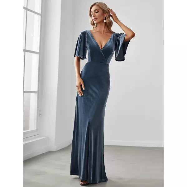 EverPretty Womens Retro Evening Gown A Line VNeck Wrap Velvet Long Formal Dresses 0861Haze Blue