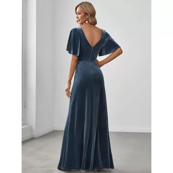 EverPretty Womens Retro Evening Gown A Line VNeck Wrap Velvet Long Formal Dresses 0861Haze Blue