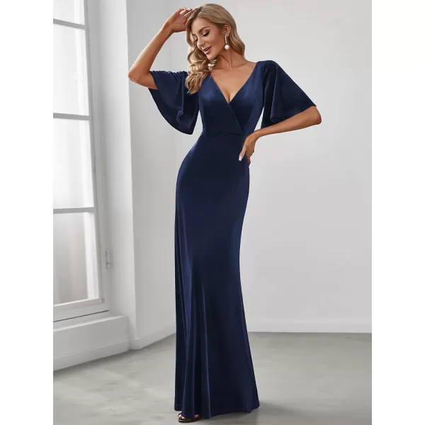 EverPretty Womens Retro Evening Gown A Line VNeck Wrap Velvet Long Formal Dresses 0861Navy Blue