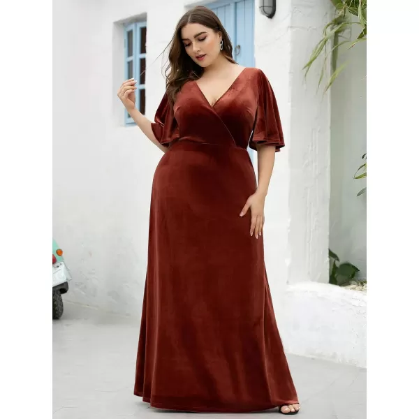 EverPretty Womens Retro VNeck Wrap Velvet Maxi Dress Plus Size Formal Dress 00861Brick Red