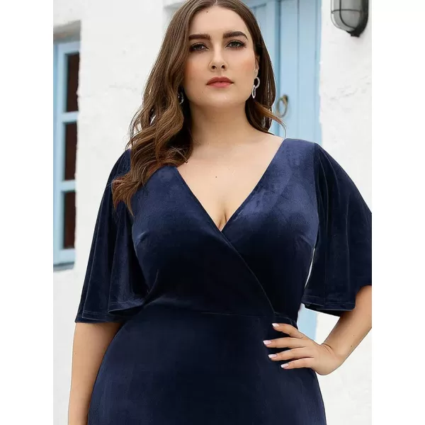 EverPretty Womens Retro VNeck Wrap Velvet Maxi Dress Plus Size Formal Dress 00861Navy Blue