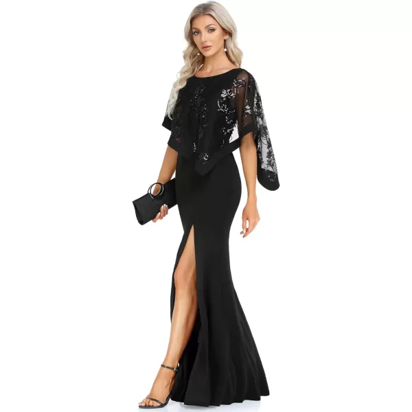 EverPretty Womens Round Neck Half Sleeves High Slit Bodycon Maxi Formal Dresses 70116Black