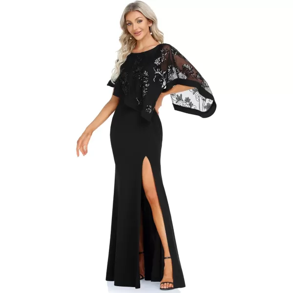 EverPretty Womens Round Neck Half Sleeves High Slit Bodycon Maxi Formal Dresses 70116Black