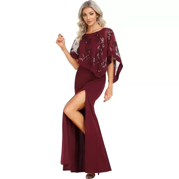 EverPretty Womens Round Neck Half Sleeves High Slit Bodycon Maxi Formal Dresses 70116Burgundy