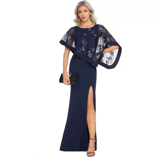 EverPretty Womens Round Neck Half Sleeves High Slit Bodycon Maxi Formal Dresses 70116Navy Blue
