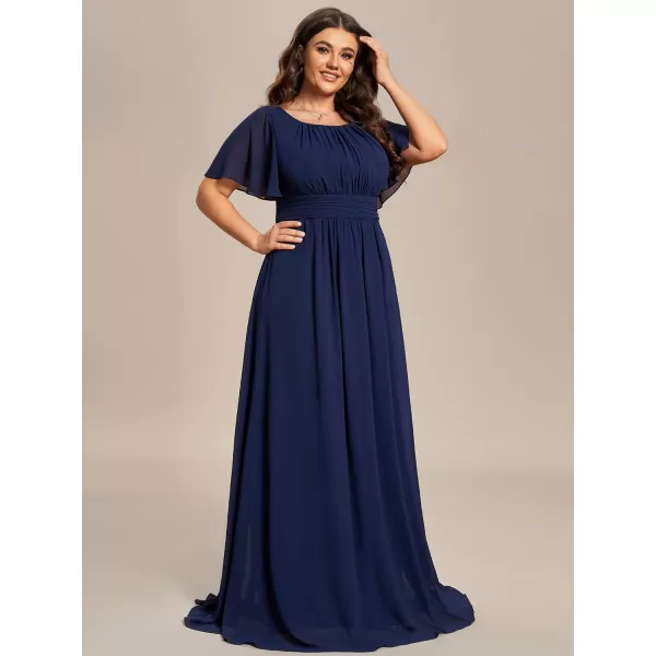 EverPretty Womens Round Neck Long Lantern Sleeve Chiffon Pleated Long Bridesmaid Dresses 0106BBnavy Blue