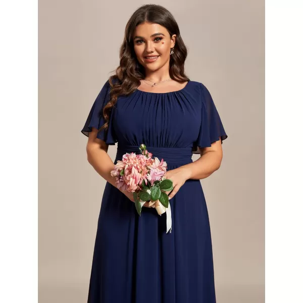 EverPretty Womens Round Neck Long Lantern Sleeve Chiffon Pleated Long Bridesmaid Dresses 0106BBnavy Blue