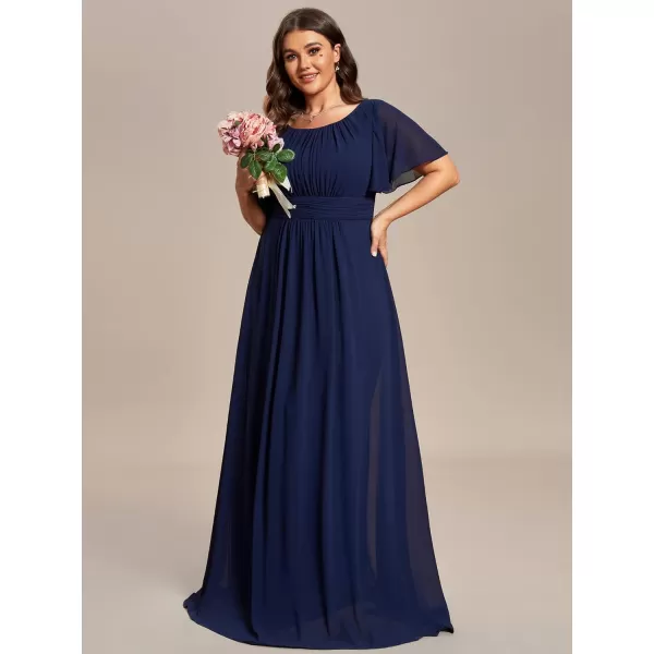 EverPretty Womens Round Neck Long Lantern Sleeve Chiffon Pleated Long Bridesmaid Dresses 0106BBnavy Blue