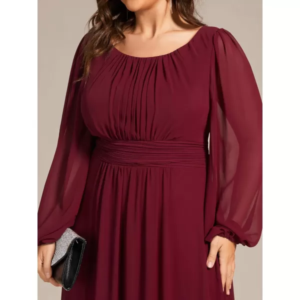 EverPretty Womens Round Neck Long Lantern Sleeve Chiffon Pleated Long Bridesmaid Dresses 0106BBurgundy