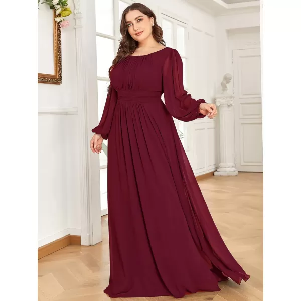 EverPretty Womens Round Neck Long Lantern Sleeve Chiffon Pleated Long Bridesmaid Dresses 0106BBurgundy