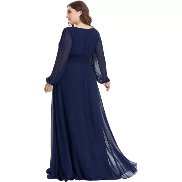 EverPretty Womens Round Neck Long Lantern Sleeve Chiffon Pleated Long Bridesmaid Dresses 0106BNavy Blue