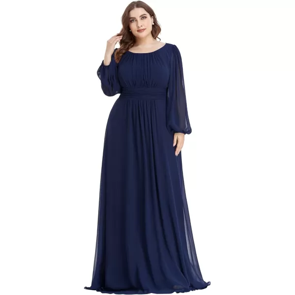 EverPretty Womens Round Neck Long Lantern Sleeve Chiffon Pleated Long Bridesmaid Dresses 0106BNavy Blue