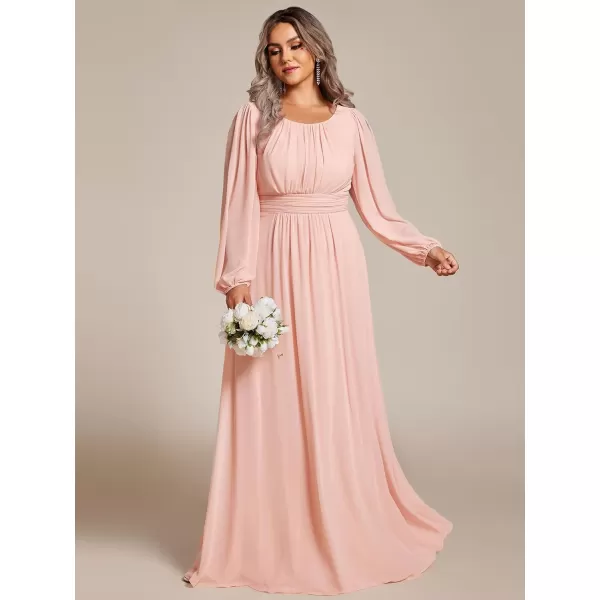 EverPretty Womens Round Neck Long Lantern Sleeves Chiffon Pleated Long Evening Gown Plus Size Formal Dress 0106BDAPink