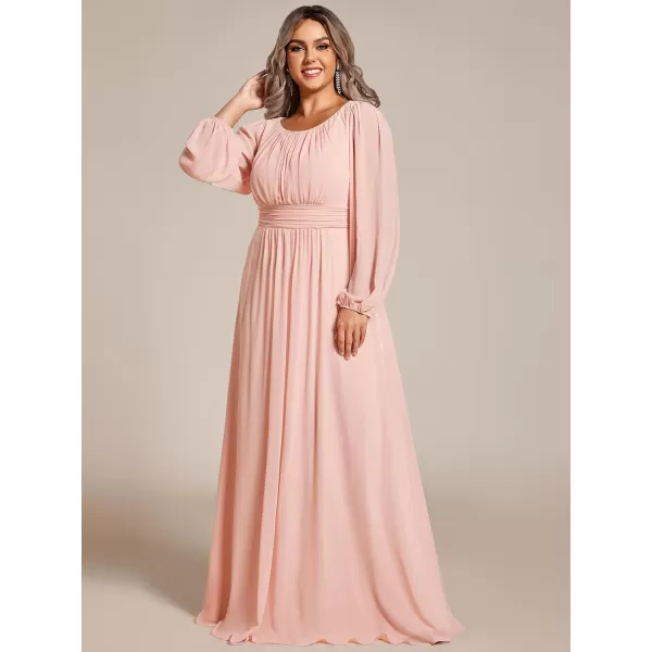 EverPretty Womens Round Neck Long Lantern Sleeves Chiffon Pleated Long Evening Gown Plus Size Formal Dress 0106BDAPink