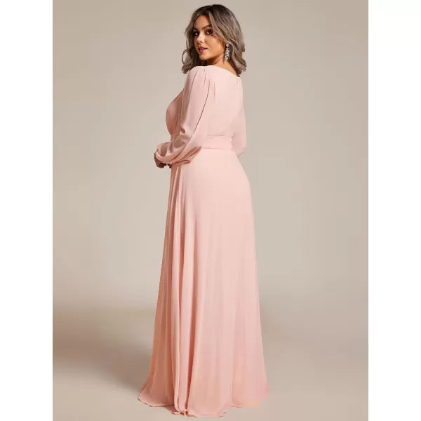 EverPretty Womens Round Neck Long Lantern Sleeves Chiffon Pleated Long Evening Gown Plus Size Formal Dress 0106BDAPink