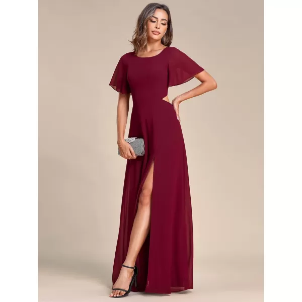 EverPretty Womens Round Neck Ruffles Sleeves Lace Up Back Thigh High Slit Chiffon Maxi Evening Dresses 01384Burgundy