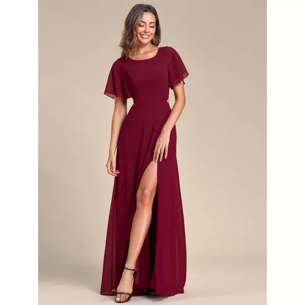 EverPretty Womens Round Neck Ruffles Sleeves Lace Up Back Thigh High Slit Chiffon Maxi Evening Dresses 01384Burgundy