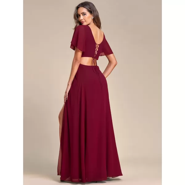 EverPretty Womens Round Neck Ruffles Sleeves Lace Up Back Thigh High Slit Chiffon Maxi Evening Dresses 01384Burgundy