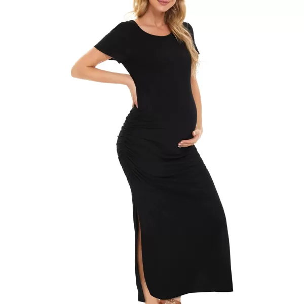 EverPretty Womens Round Neck Short Sleeves Bodycon Ruched Split Floor Length Maternity Causal Dress 40057EYBlack