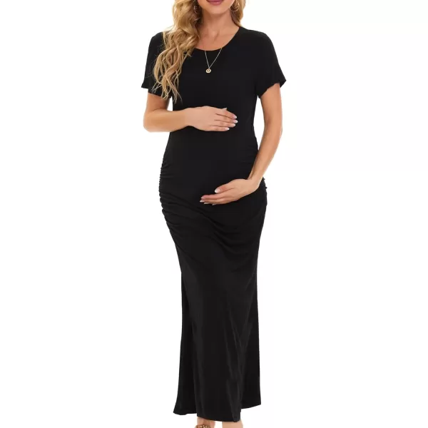 EverPretty Womens Round Neck Short Sleeves Bodycon Ruched Split Floor Length Maternity Causal Dress 40057EYBlack