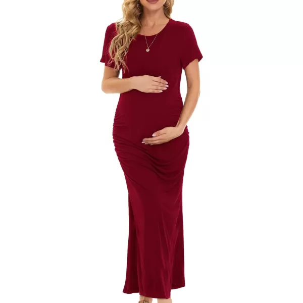 EverPretty Womens Round Neck Short Sleeves Bodycon Ruched Split Floor Length Maternity Causal Dress 40057EYBurgundy