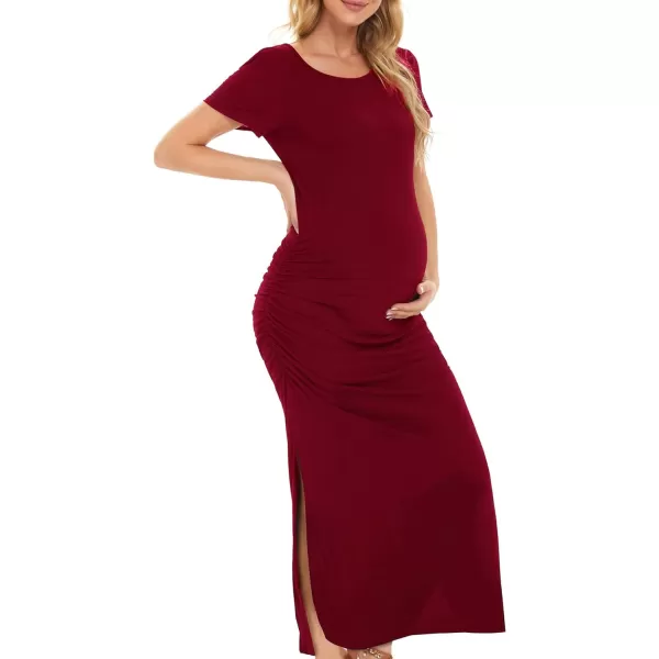 EverPretty Womens Round Neck Short Sleeves Bodycon Ruched Split Floor Length Maternity Causal Dress 40057EYBurgundy