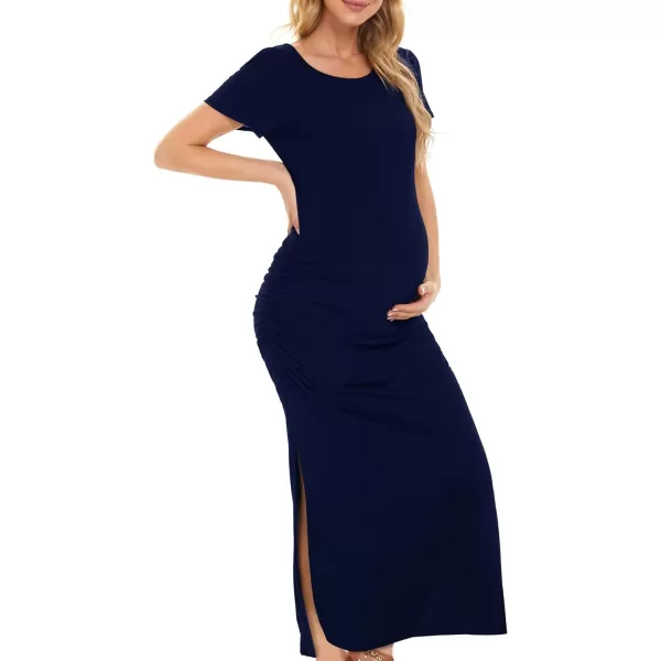 EverPretty Womens Round Neck Short Sleeves Bodycon Ruched Split Floor Length Maternity Causal Dress 40057EYNavy Blue