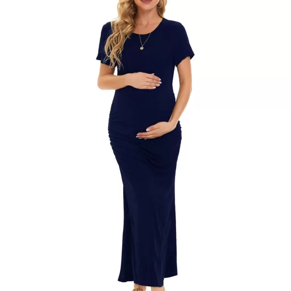 EverPretty Womens Round Neck Short Sleeves Bodycon Ruched Split Floor Length Maternity Causal Dress 40057EYNavy Blue