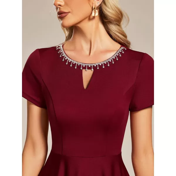 EverPretty Womens Rrhinestone Neckline Short Sleeves ALine Mini Summer 2023 Casual Dresses 01792Burgundy