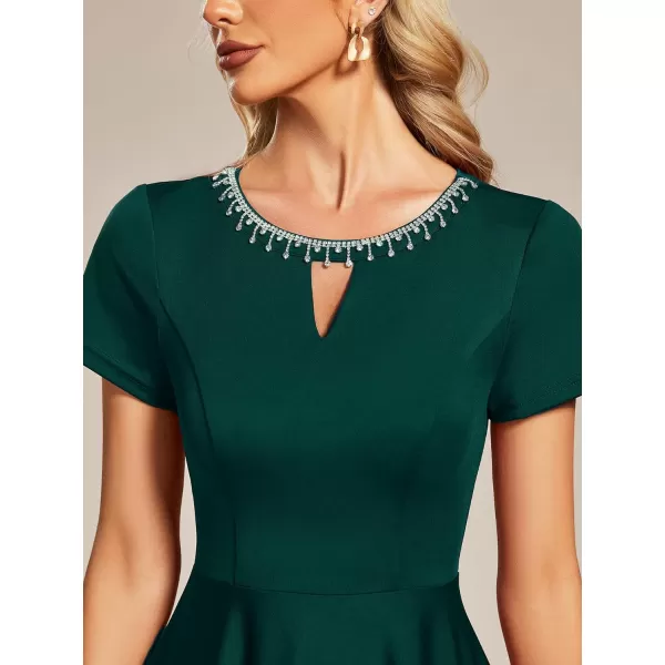 EverPretty Womens Rrhinestone Neckline Short Sleeves ALine Mini Summer 2023 Casual Dresses 01792Dark Green