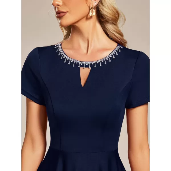 EverPretty Womens Rrhinestone Neckline Short Sleeves ALine Mini Summer 2023 Casual Dresses 01792Navy Blue