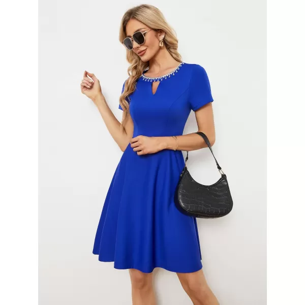 EverPretty Womens Rrhinestone Neckline Short Sleeves ALine Mini Summer 2023 Casual Dresses 01792Sapphire Blue