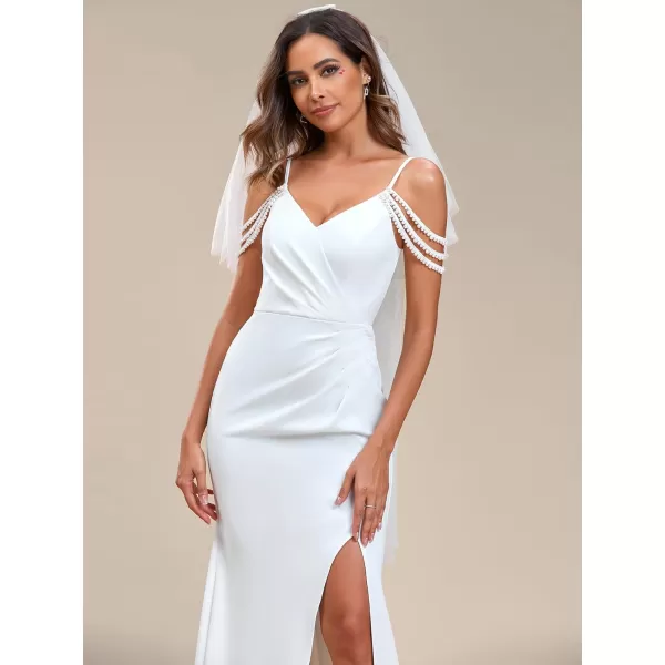 EverPretty Womens Ruched Pearl Chain Cold Shoulder Bodycon Mermaid Wedding Dress 01859White