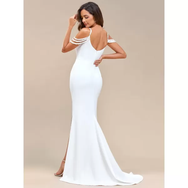 EverPretty Womens Ruched Pearl Chain Cold Shoulder Bodycon Mermaid Wedding Dress 01859White